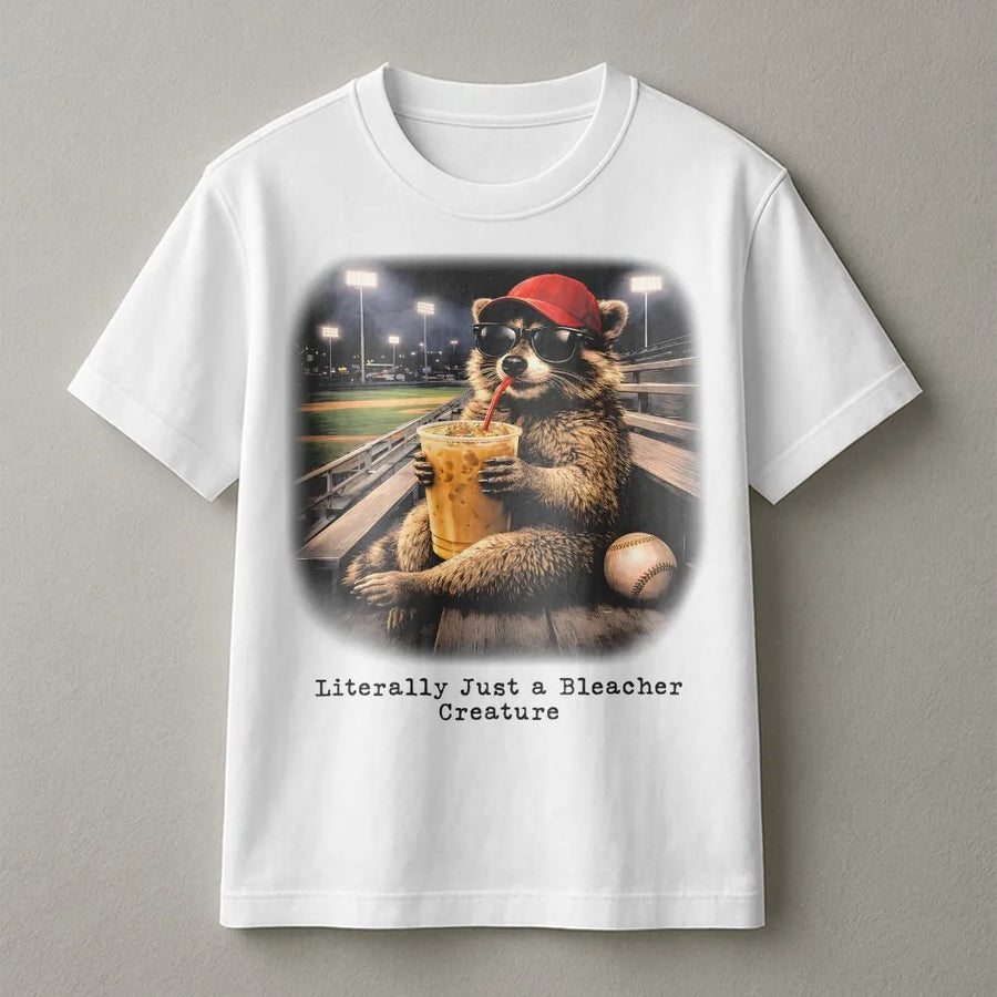 Funny Raccoon T-Shirt | Bleacher Creature Baseball Design | 100% Cotton Premium Tee | Unique Gift for Baseball Fans & Coffee Lovers