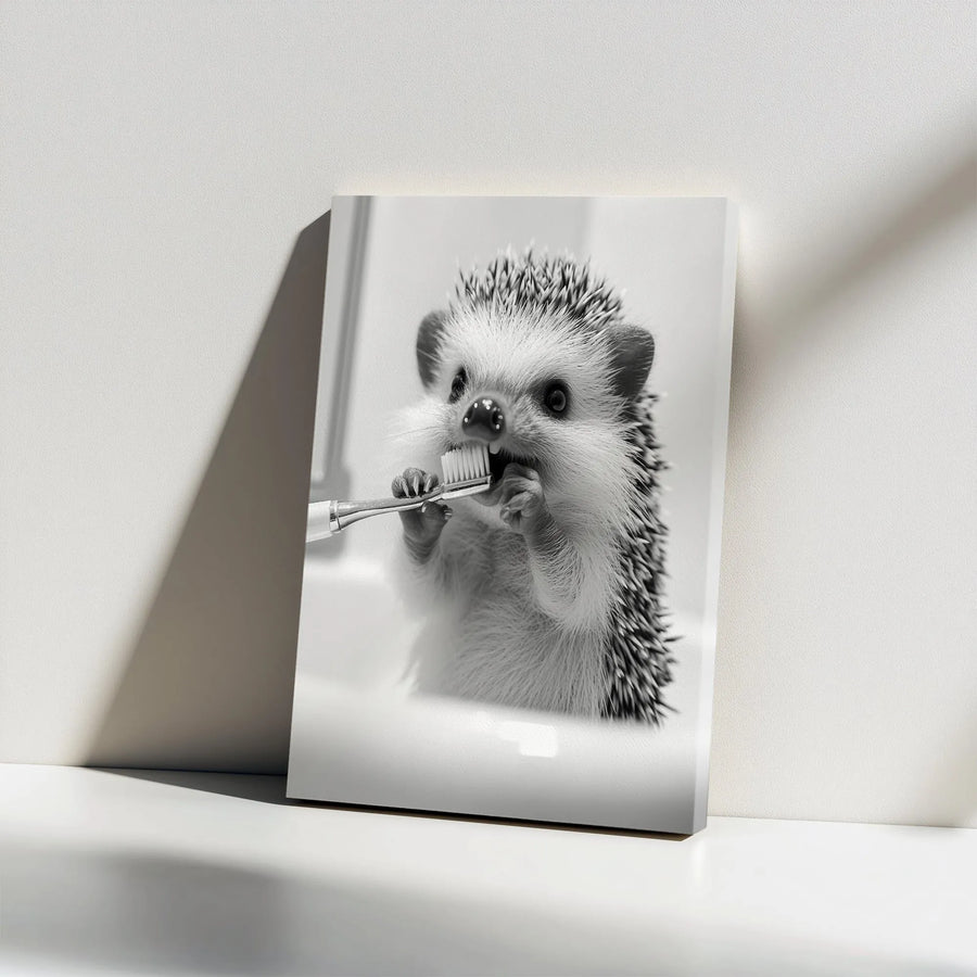 Hedgehog Wall Art | Cute Animal Brushing Teeth Photo | Premium Gallery Wrapped Canvas | Bathroom Decor & Unique Gift