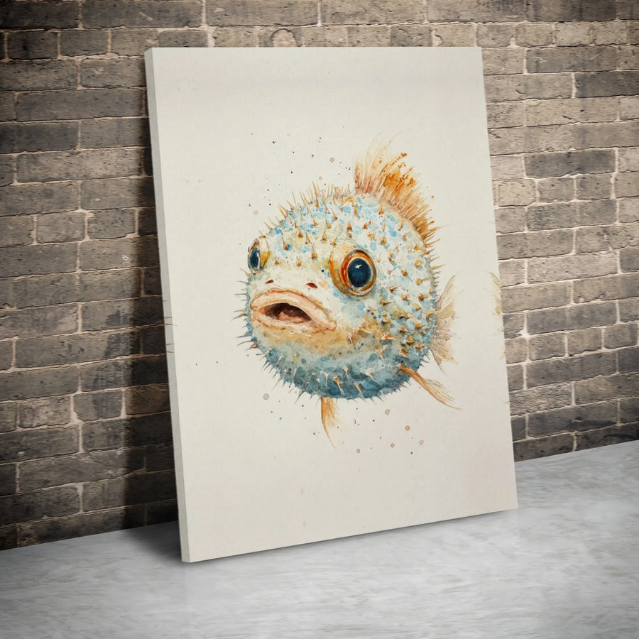 Cute Pufferfish Canvas Print | Watercolor Ocean Life Wall Art | 1.25 Inch Gallery Wrap | Coastal Nursery & Beach House Decor