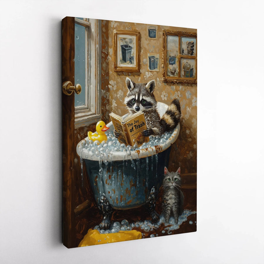 Funny Raccoon Reading Canvas Print | The Joy of Trash Bathroom Painting | Premium Thick Gallery Wrap | Unique Wall Decor Gift for Animal Lovers