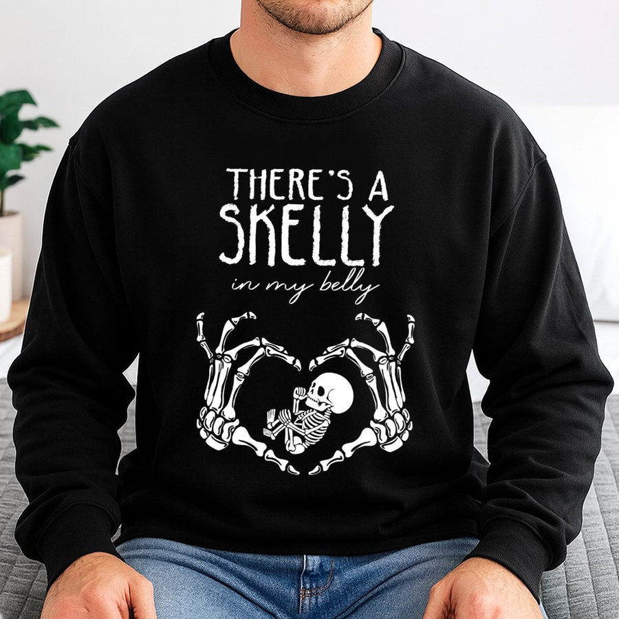 There's A Skelly In My Belly Sweatshirt | Funny Halloween Maternity Shirt | Soft Cotton-Blend Graphic Pullover | Spooky Gift For Pregnant Mom