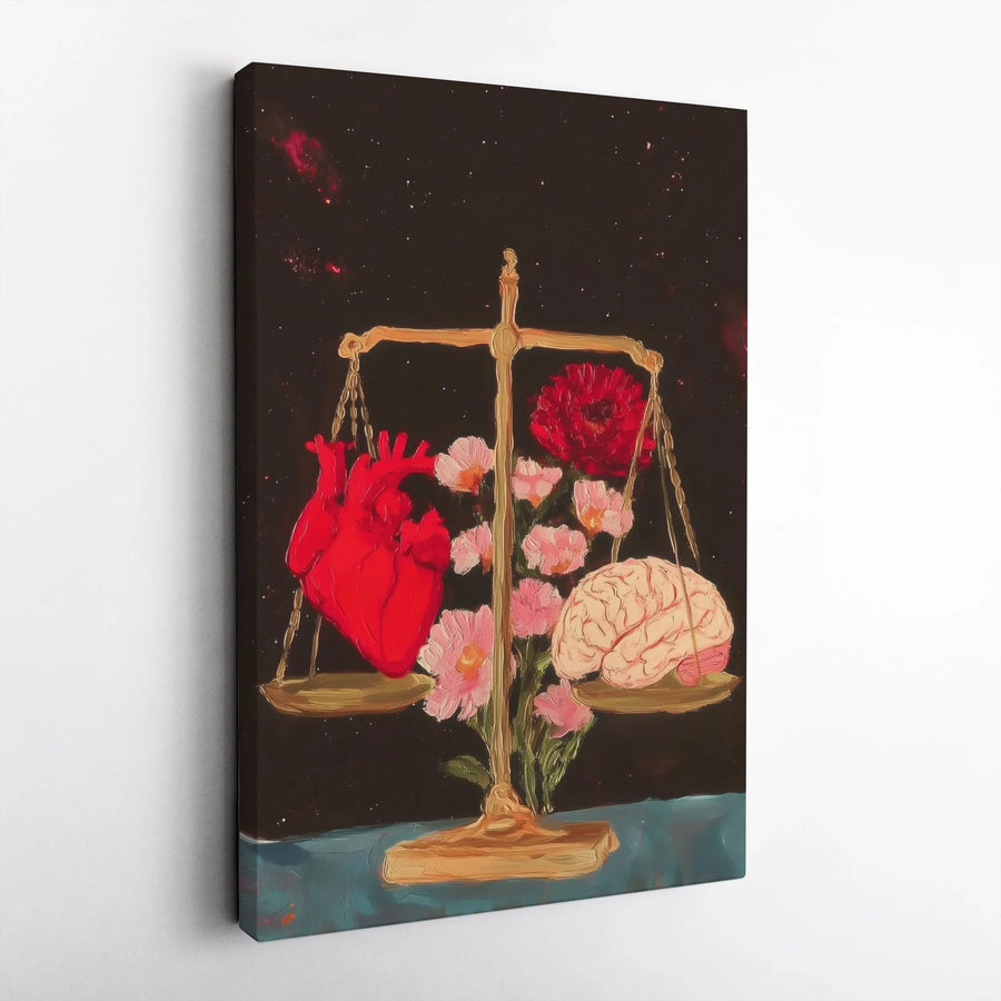Heart and Brain Canvas Art | Anatomical Scales of Justice Floral Wall Decor | Premium 1.25" Thick Gallery Wrap | Surreal Psychology Office Gift