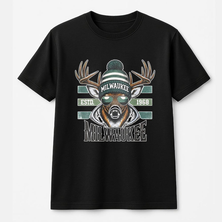 Milwaukee Basketball T-Shirt | Retro Deer Graphic with Beanie | Premium 100% Cotton | Gift for Wisconsin Sports Fans
