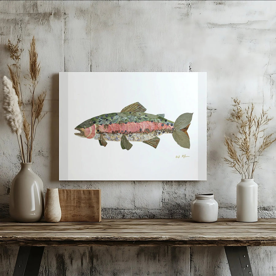 Rainbow Trout Canvas Wall Art | Pressed Flower Botanical Collage | Premium Gallery Quality Print | Unique Gift for Angler and Fisherman