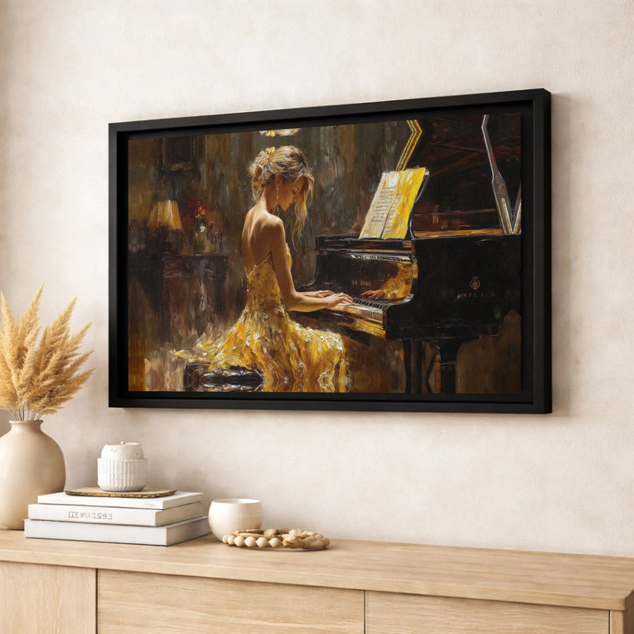 Woman Playing Grand Piano Canvas Wall Art | Elegant Yellow Gown Impressionist Print | Premium Gallery-Wrapped 1.25" Profile | Music Lover Home Decor Gift