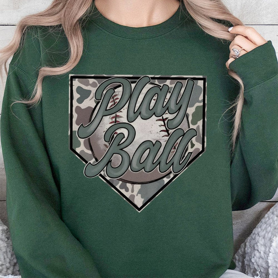 Baseball Play Ball Sweatshirt | Camo Home Plate Graphic Design | Premium Cotton Blend Crewneck | Gift for Baseball Mom Fan Player