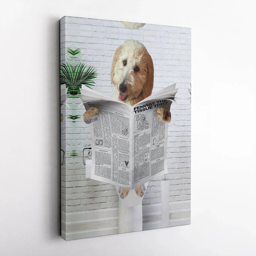 Goldendoodle Dog Canvas Wall Art | Funny Toilet Reading Newspaper Print | 1.25-Inch Premium Gallery Wrap | Whimsical Bathroom Decor Gift for Dog Lovers