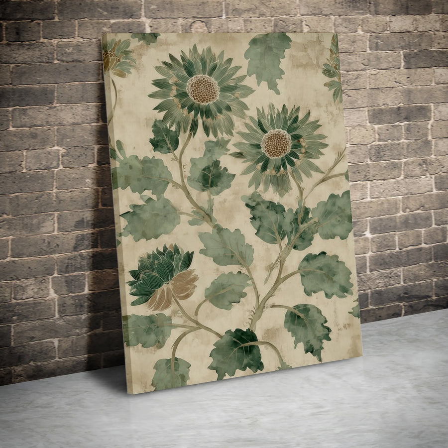 Vintage Green Sunflower Canvas Print | Vertical Botanical Floral Art | Premium Gallery Wrapped Canvas | Rustic Home Decor Gift