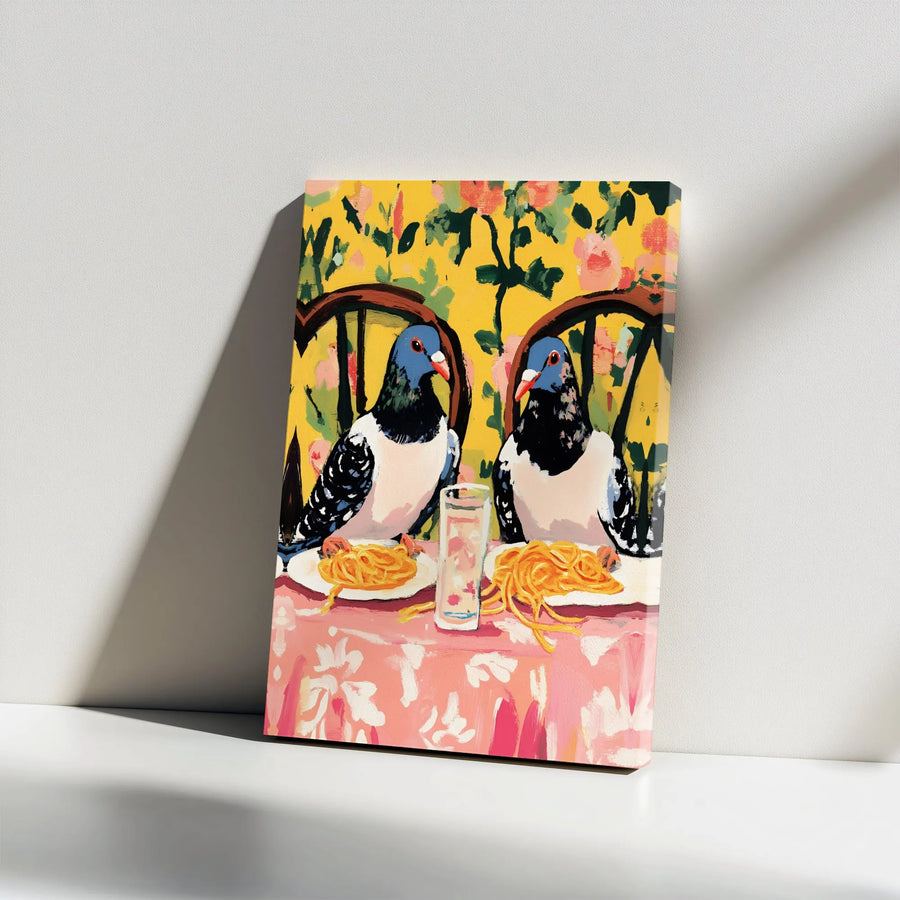 Pigeon Spaghetti Date Night Canvas | Quirky Bird Wall Art | 1.25-Inch Premium Gallery Wrap | Whimsical Kitchen Decor Gift