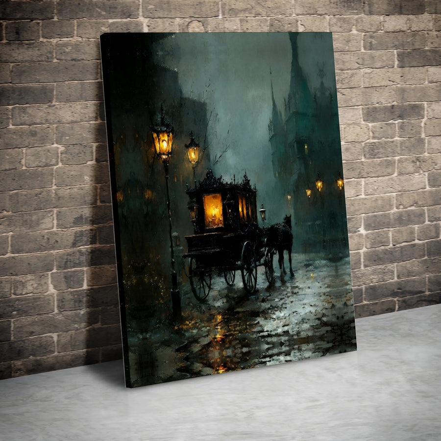 Gothic Victorian Horse Carriage Canvas Print | Moody Rainy Street Wall Art | Premium Gallery-Wrapped Decor | Dark Academia Gift for Home