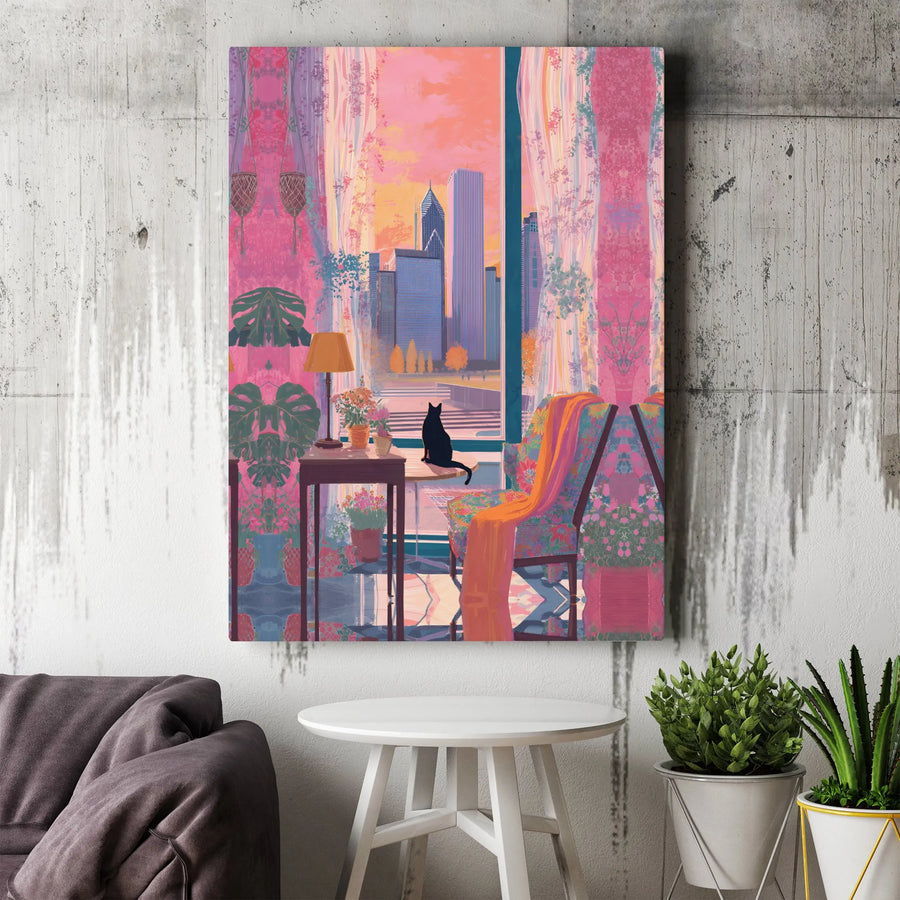 Black Cat City View Canvas Wall Art | Cozy Aesthetic Room Decor | Premium Fade-Resistant Print | Gift for Cat Lovers & Urban Home Decor