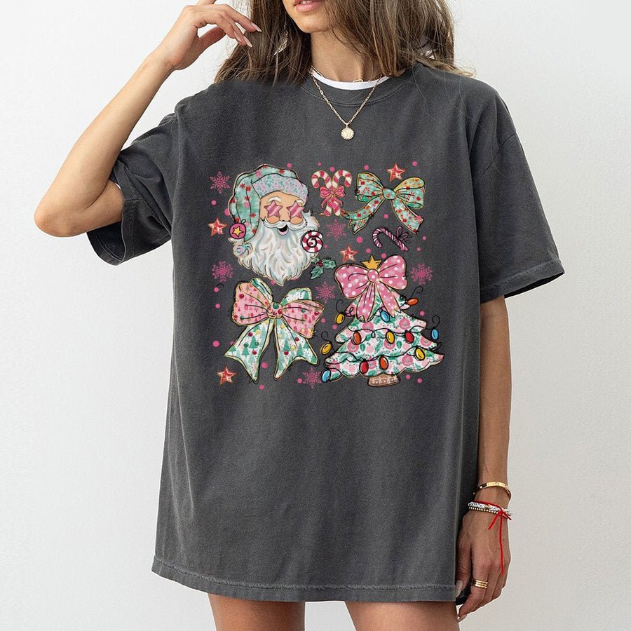 Coquette Christmas T-Shirt | Pink Bow Aesthetic Santa Graphic | 100% Cotton Premium Tee | Cute Holiday Gift for Women