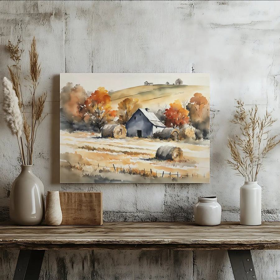 Rustic Autumn Barn Canvas Print | Watercolor Farmhouse Harvest Landscape | 1.25 Inch Gallery Wrap | Fall Home Decor Wall Art