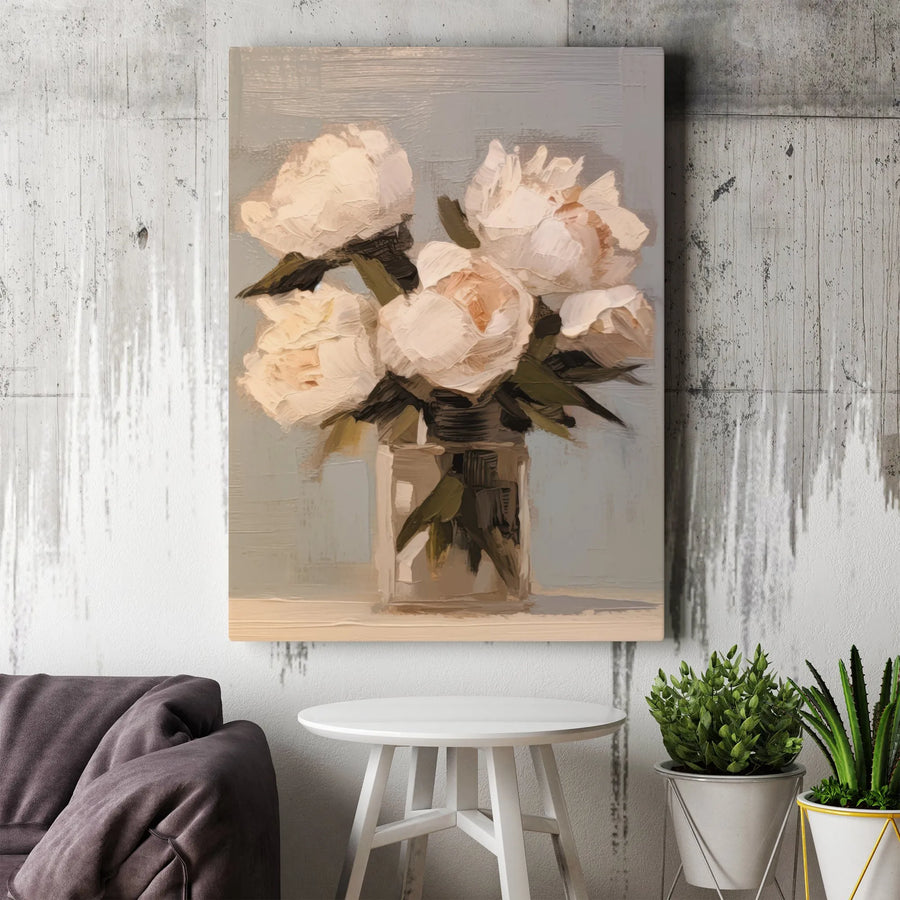 White Peony Flower Canvas Art | Impressionist Floral Still Life Painting | Premium 1.25" Gallery Wrap | Modern Home Office Wall Decor Gift
