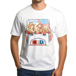 Patriotic Golden Retriever T-Shirt | Cute Puppies in Cooler with USA Flag | Soft Cotton Graphic Tee | 4th of July Merica Gift for Dog Lovers