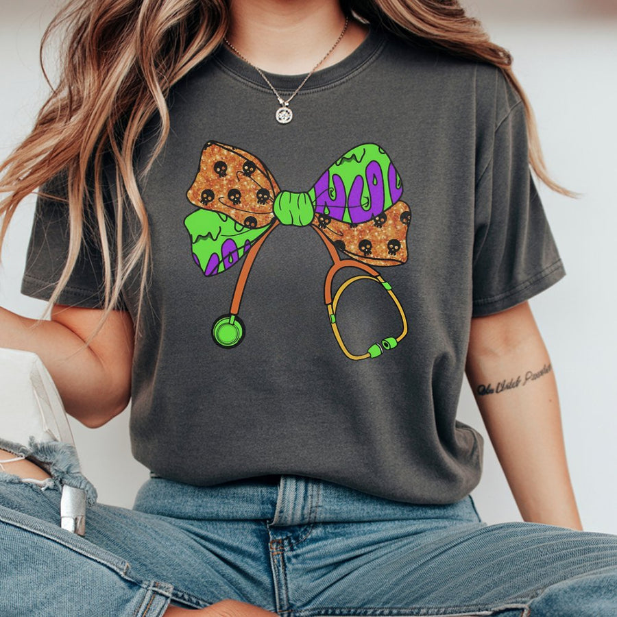Spooky Nurse T-Shirt | Halloween Stethoscope Bow Graphic | 100% Cotton Premium Tee | Gift for RN, LPN, CNA, Nursing Students