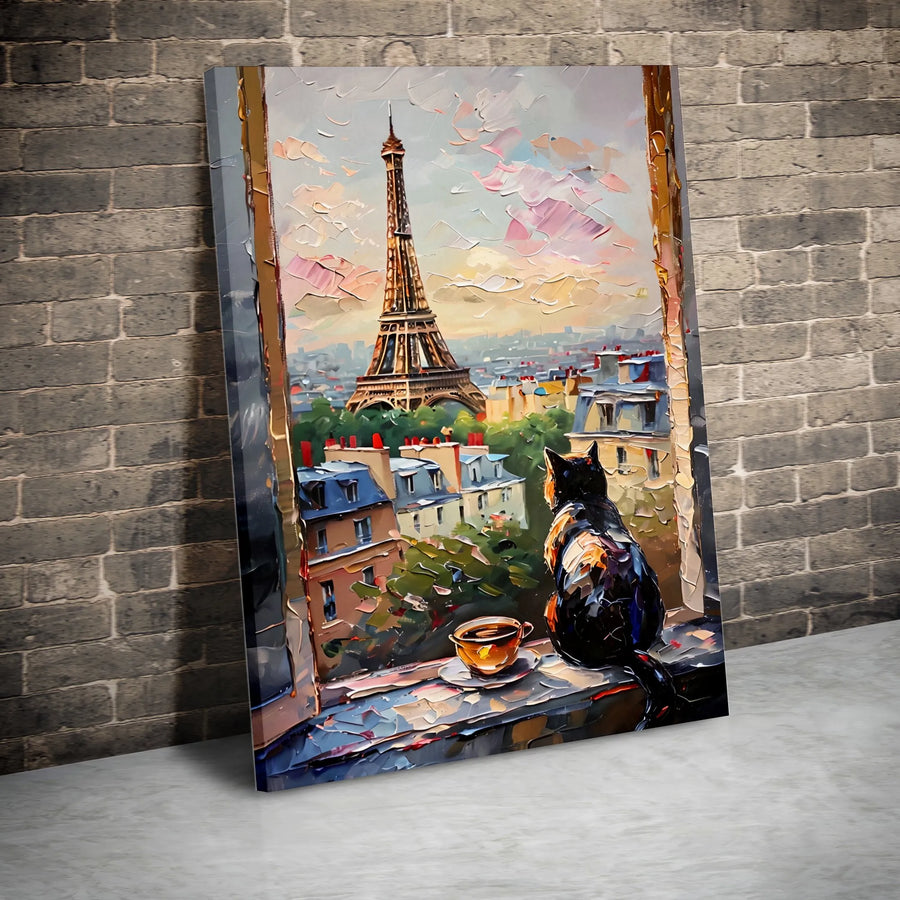 Eiffel Tower Paris Canvas Print | Cat on Windowsill Oil Painting Style | Premium Gallery Wrapped Wall Art | Romantic Travel Decor Gift for Her