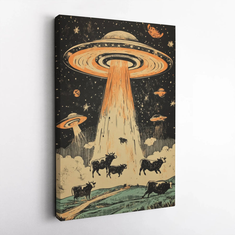 UFO Alien Abducting Cows Canvas Wall Art | Vintage Sci-Fi Space Print | Premium Gallery Wrap | Unique Gift for Astronomy and Alien Enthusiasts