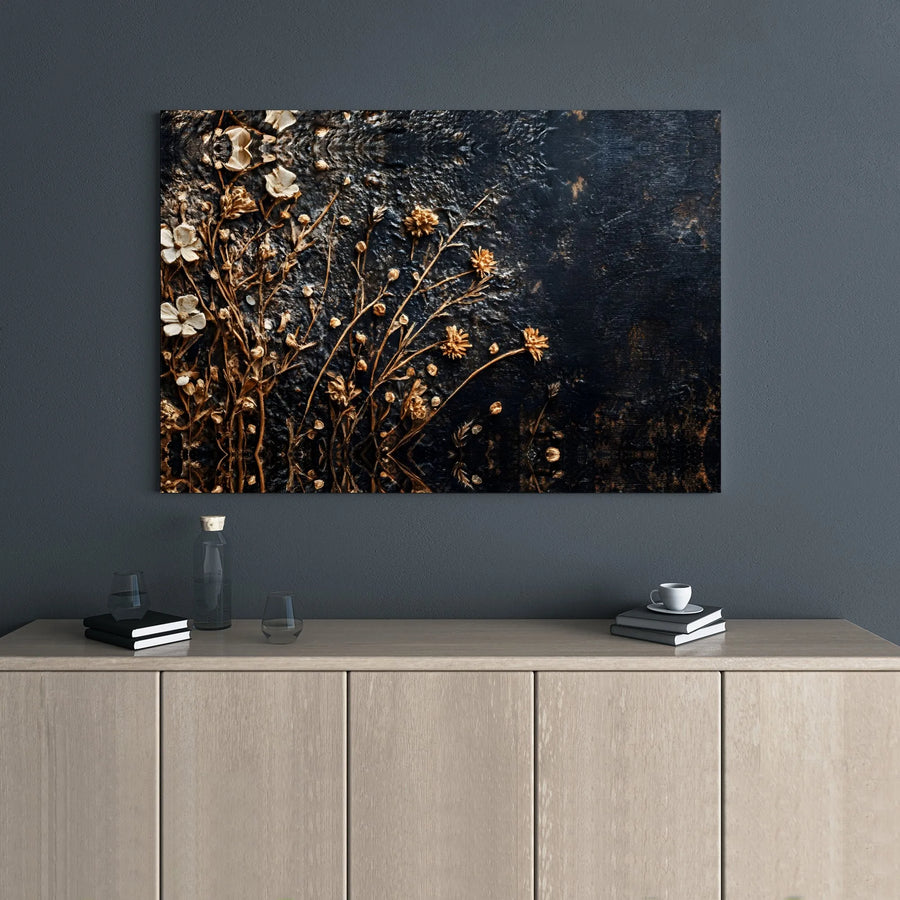 Gold and Cream Floral Canvas Wall Art | Textured Botanical 3D Effect | Premium Gallery Wrapped Decor | Modern Home Office Statement Piece