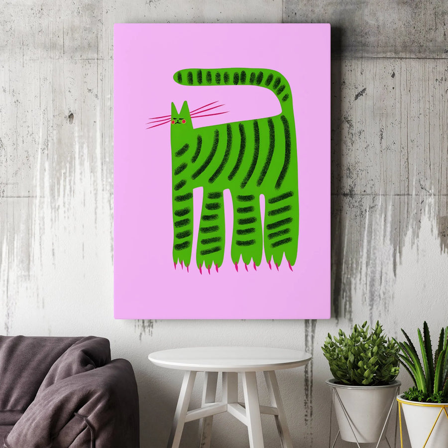 Abstract Green Striped Cat Canvas Art | Whimsical Modern Animal Wall Decor | Premium Fade-Resistant Print | Quirky Gift for Cat Lovers