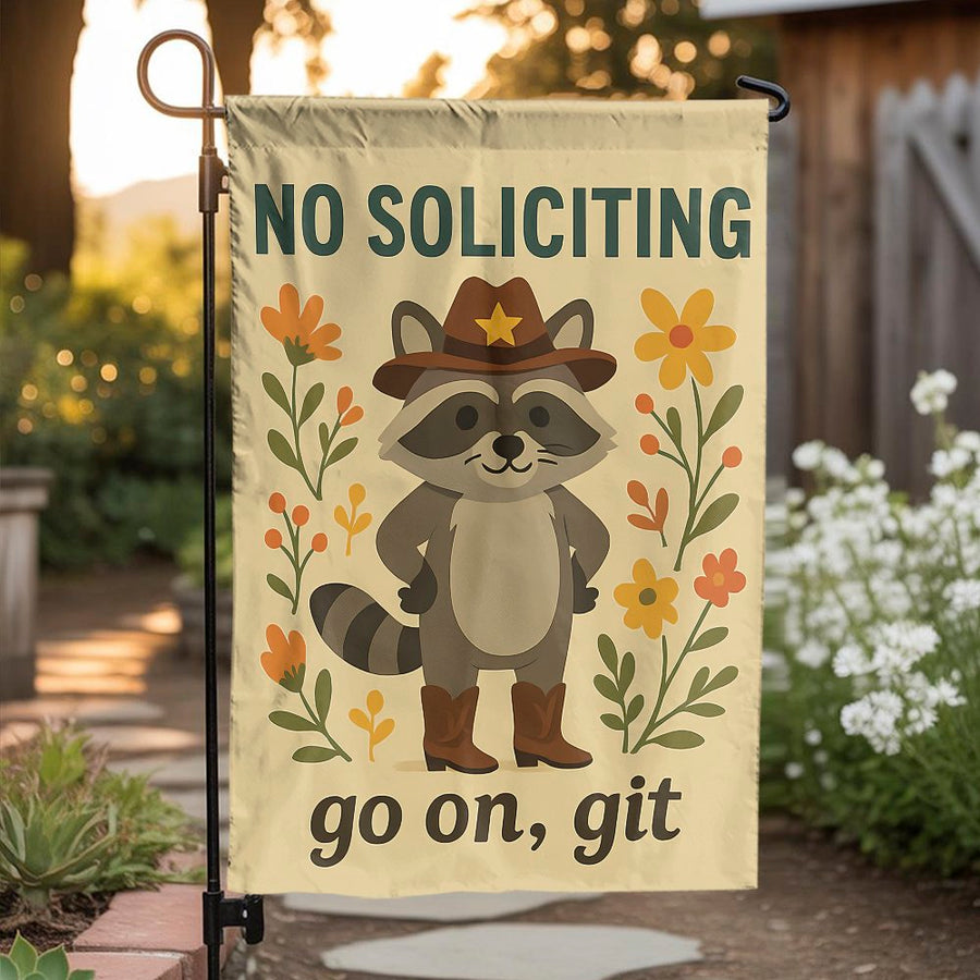 No Soliciting Garden Flag | Cowboy Raccoon Funny Yard Sign | Weather-Resistant Premium Polyester | Rustic Country Front Porch Decor Gift