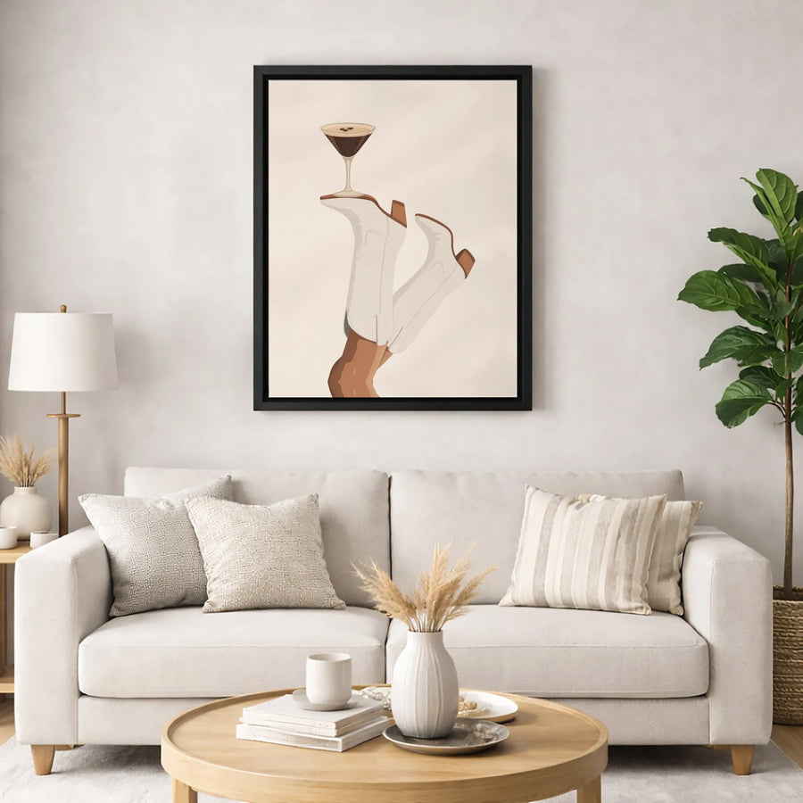 Espresso Martini Wall Art | White Cowboy Boots Cocktail Illustration | Gallery-Quality 1.25" Canvas | Trendy Bar Decor for Home or Kitchen