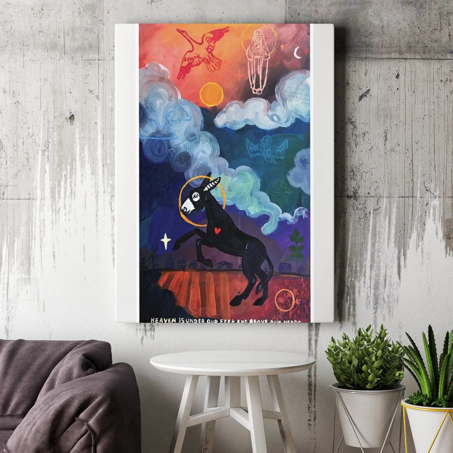 Spiritual Folk Art Canvas Print | Leaping Donkey with Halo Painting | Premium Gallery Wrapped Canvas | Inspirational Home Decor Gift