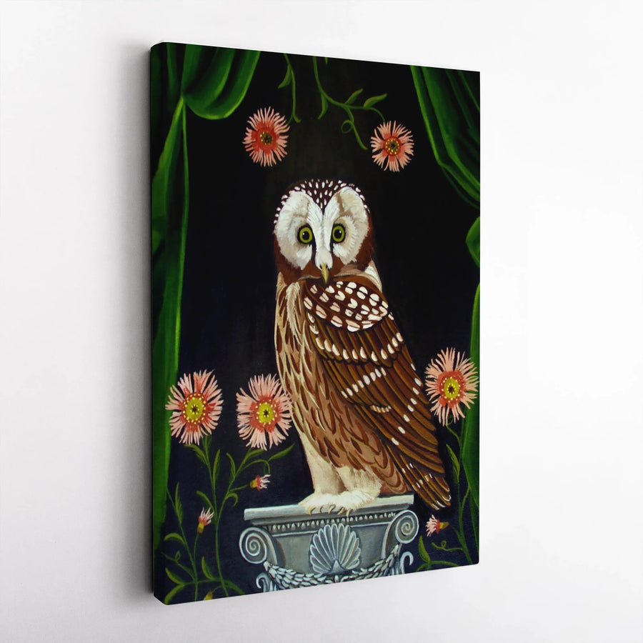 Guardian Owl Vertical Canvas | Victorian Style Bird and Floral Art | Thick Gallery Wrapped Canvas | Premium Dark Academia Wall Decor Gift for Bird Lovers