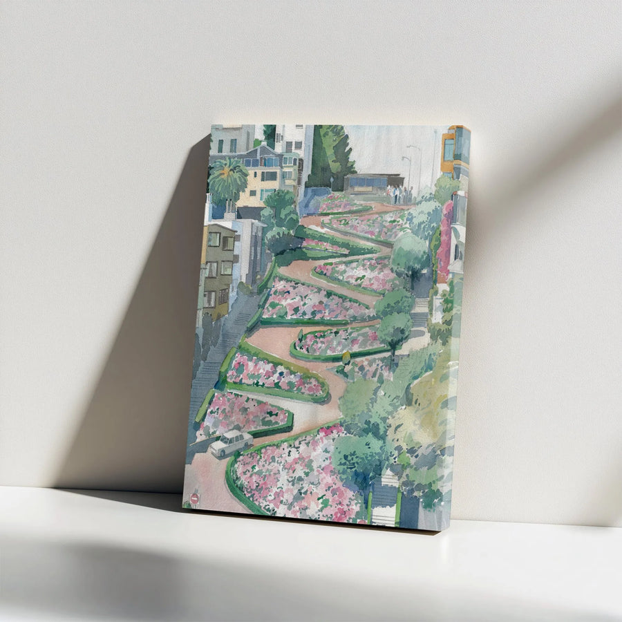 Lombard Street Canvas Print | San Francisco Watercolor Painting Art | Premium Thick Gallery Wrap | California Home Decor & Traveler Gift