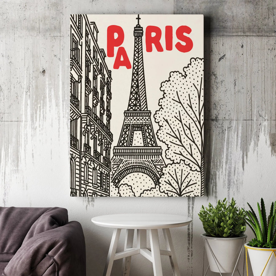 Paris Eiffel Tower Vertical Canvas | Vintage Sketch Wall Art | Retro Ink Illustration Travel Poster | Premium 1.25" Gallery Wrap Canvas | French Cityscape Gift for Travelers