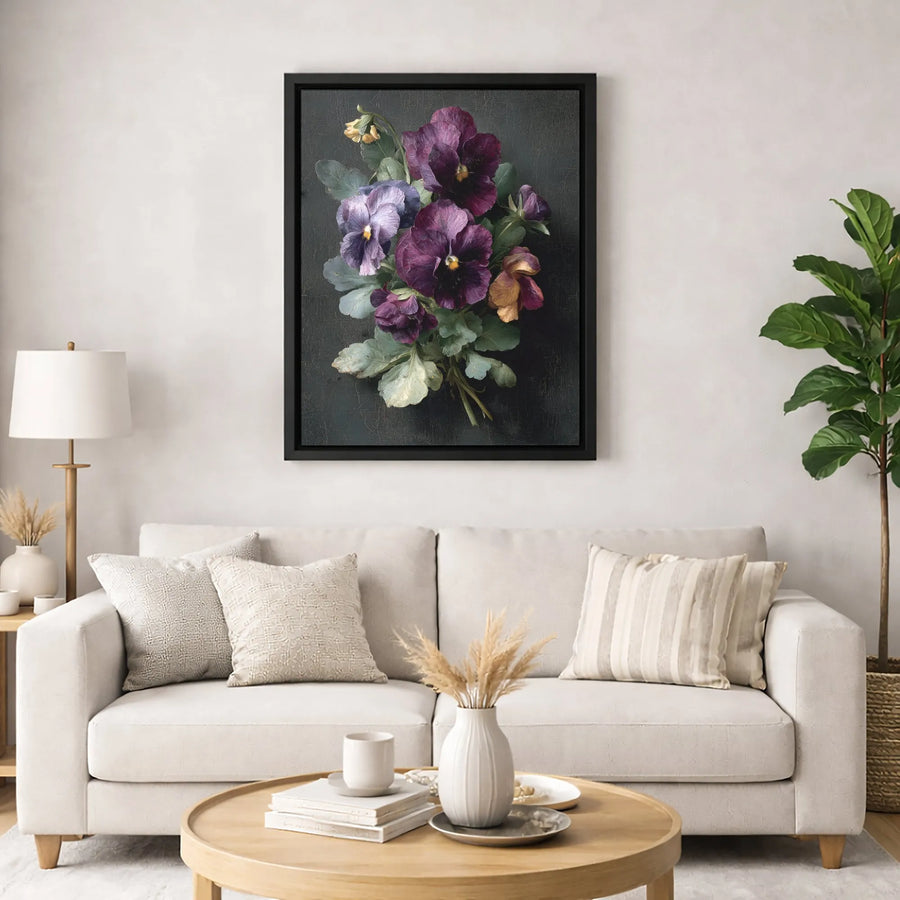 Vintage Purple Pansies Canvas Wall Art | Moody Floral Still Life Painting | Premium Gallery-Wrapped Decor | Botanical Home Gift for Flower Lovers