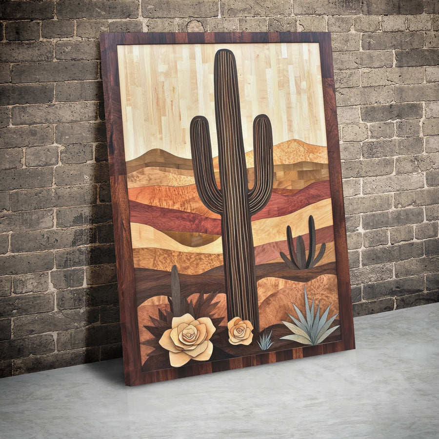 Saguaro Cactus Desert Wall Art | Western Landscape Wood Texture Print | Gallery Wrap Canvas | Southwestern Home Decor for Living Room