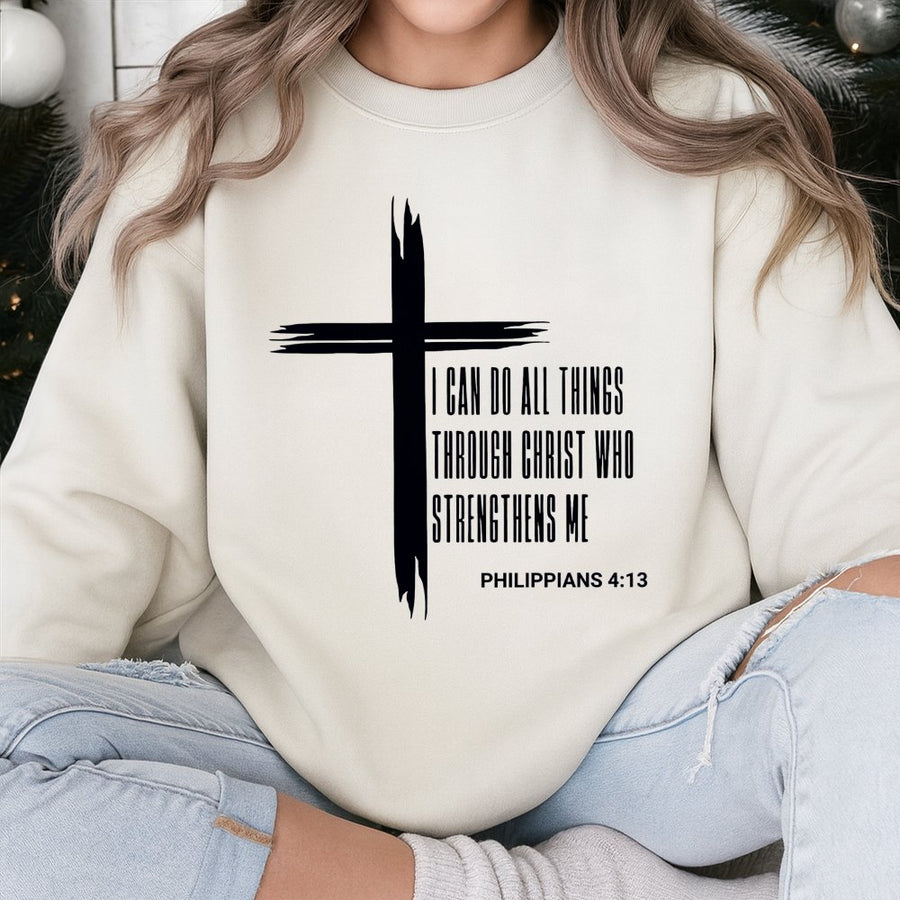 Philippians 4:13 Sweatshirt | I Can Do All Things Through Christ Cross Design | Premium Cotton Blend | Christian Faith Gift for Men and Women