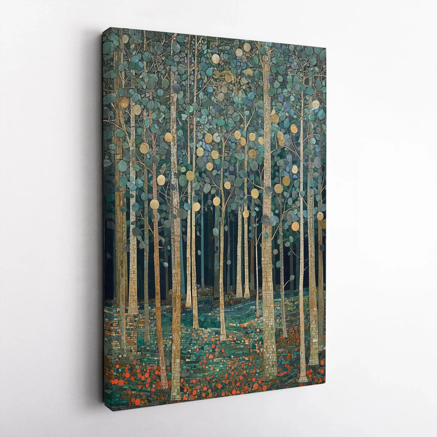 Mosaic Forest Canvas Wall Art | Golden Leaf Woodland Tree Print | Premium Gallery Wrap Decor | Nature Lover Living Room Gift