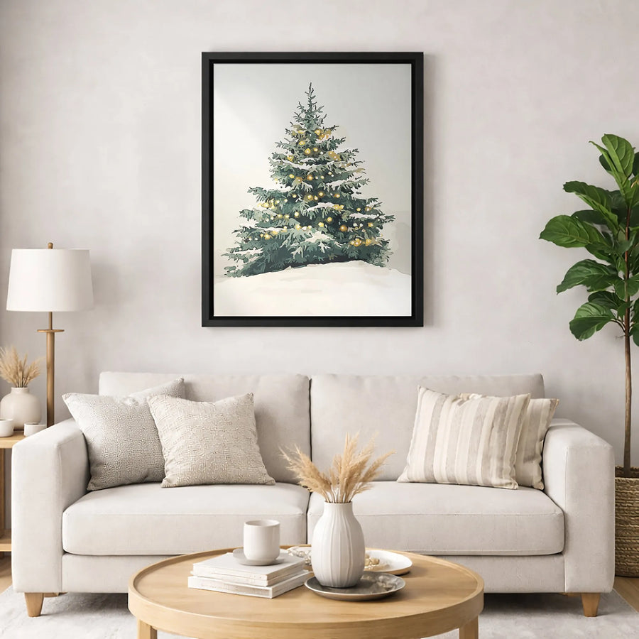 Snowy Christmas Tree Canvas Art | Lit Evergreen Winter Forest Print | Premium Gallery Wrapped Wall Decor | Festive Holiday Home Gift