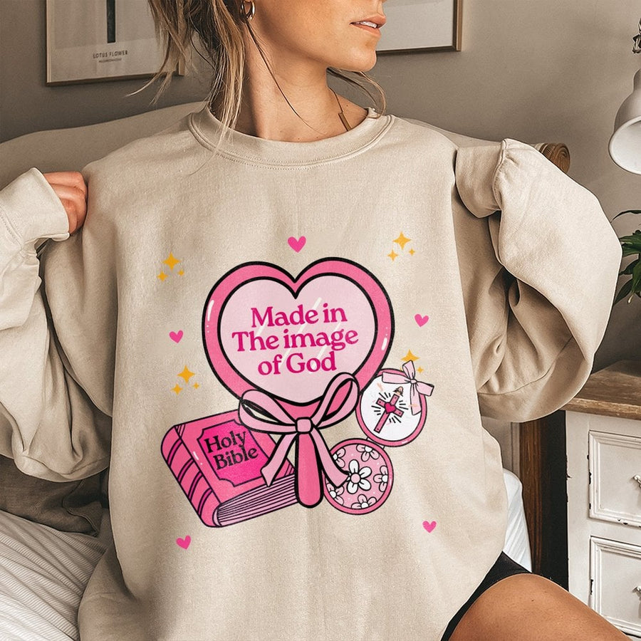 Made In The Image Of God Sweatshirt | Aesthetic Christian Bible Verse Design | Soft Cotton Blend Unisex Pullover | Faithful Religious Gift For Women
