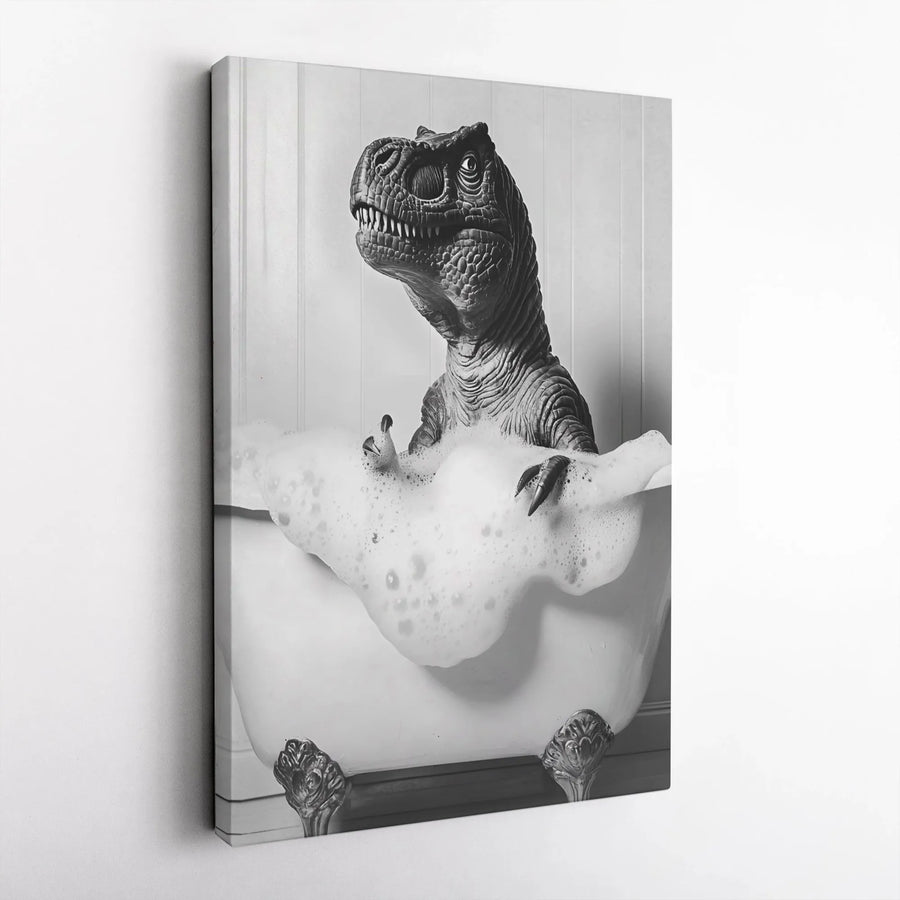 T-Rex Bubble Bath Canvas Wall Art | Funny Dinosaur In Clawfoot Tub | Premium Gallery Wrapped Decor | Unique Bathroom Art Gift For Kids Adults