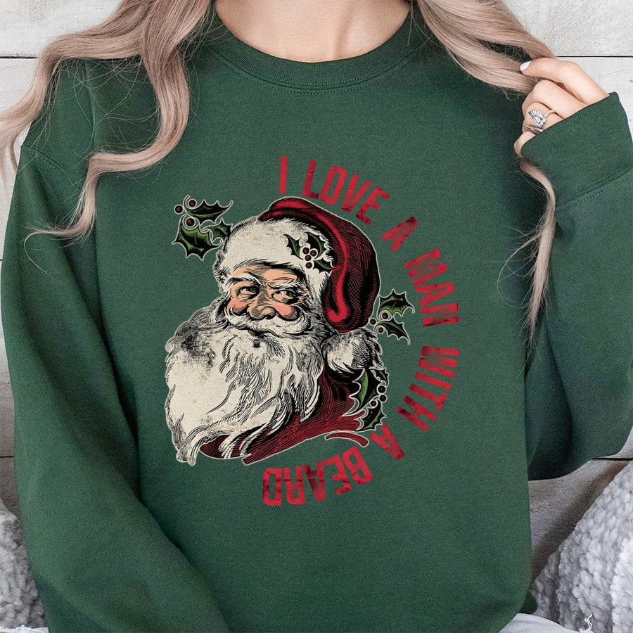 I Love A Man With A Beard Christmas Sweatshirt | Retro Santa Graphic Crewneck | Premium Cotton Blend | Funny Holiday Gift For Her