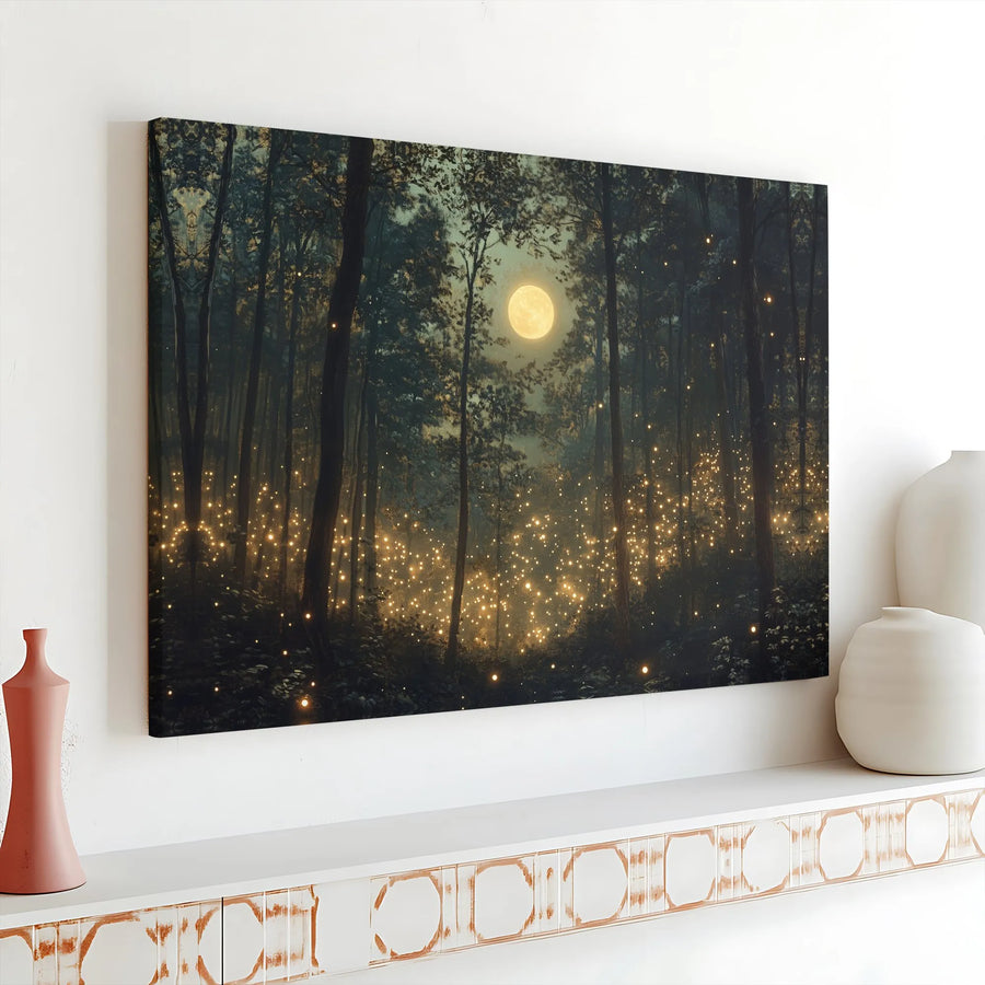Enchanted Forest Canvas Wall Art | Glowing Fireflies and Full Moon | Premium Gallery Wrap | Magical Nature Decor for Living Room or Bedroom