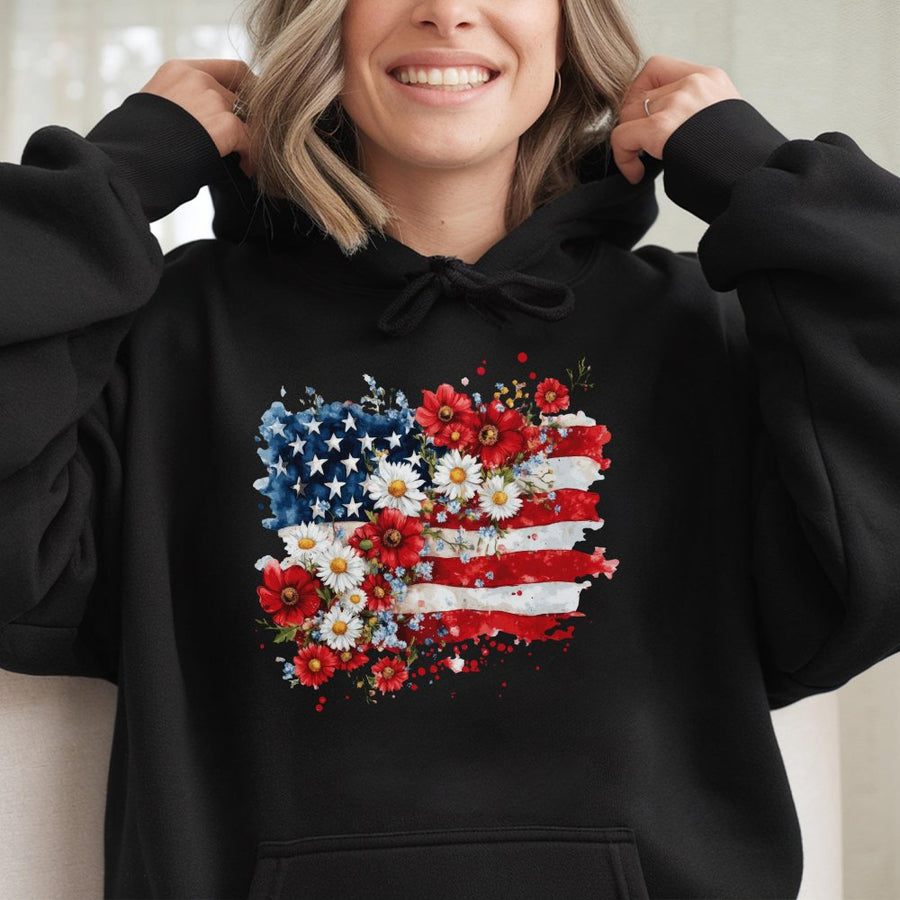 Floral American Flag Hoodie | Watercolor Patriotic Flowers Graphic | Soft Cotton-Blend Premium Quality | 4th of July Outfit for Women