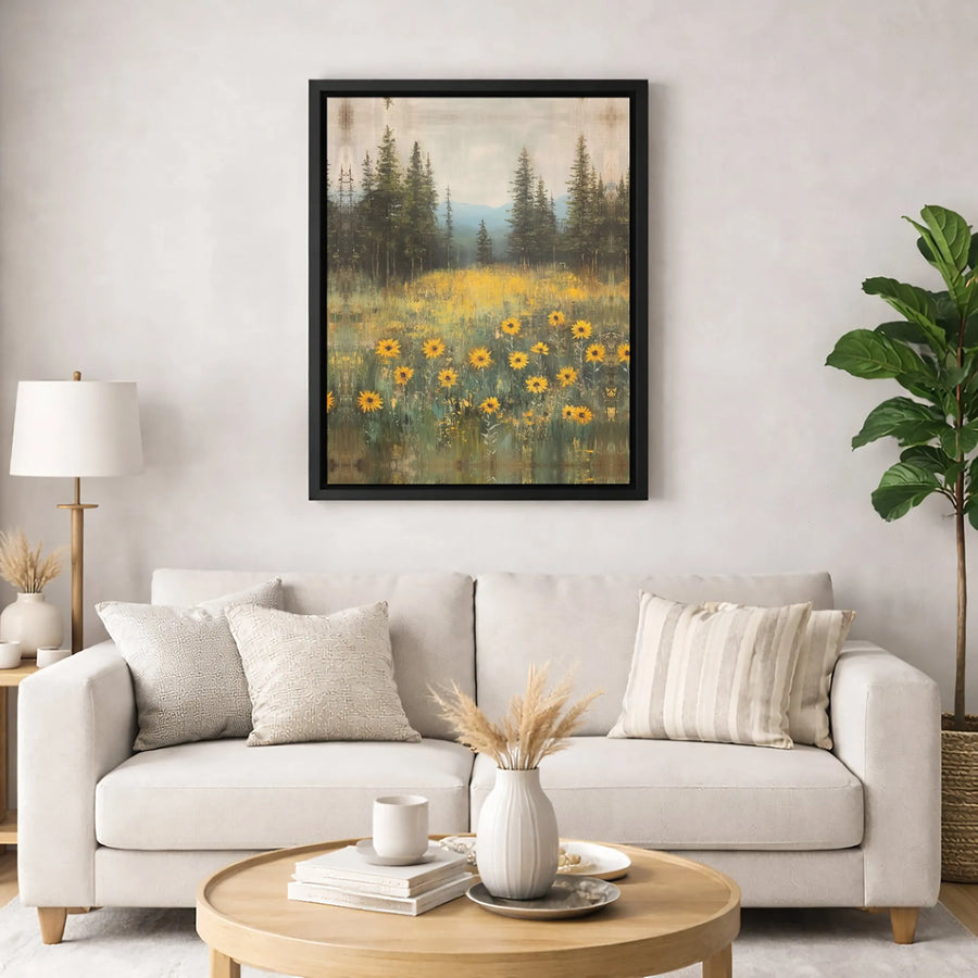 Sunflower Meadow Landscape Canvas | Forest Mountain Art Print | Gallery-Quality 1.25-Inch Profile | Nature Wall Decor Gift for Home & Office