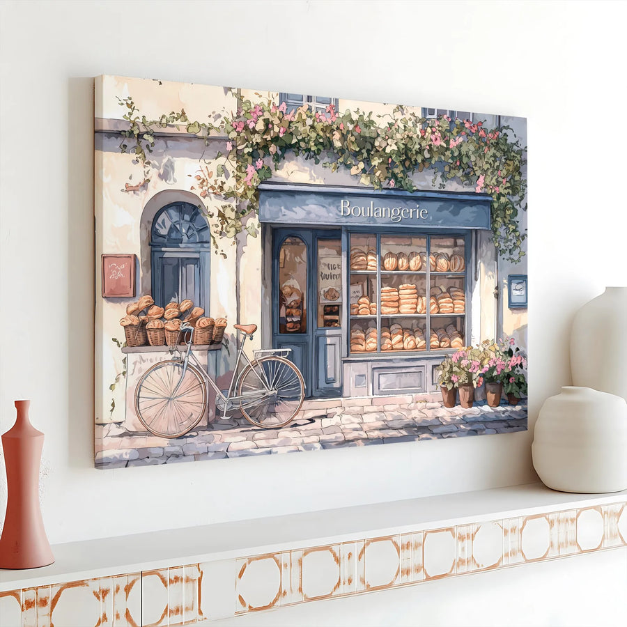 French Bakery Wall Art | Boulangerie Street Scene With Bicycle | Gallery Wrap Canvas Print | Paris Inspired Home Decor Gift