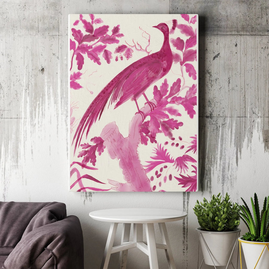 Pink Chinoiserie Bird Vertical Canvas | Elegant Watercolor Wall Art | Premium Gallery Wrapped Print | Modern Minimalist Home Decor Gift