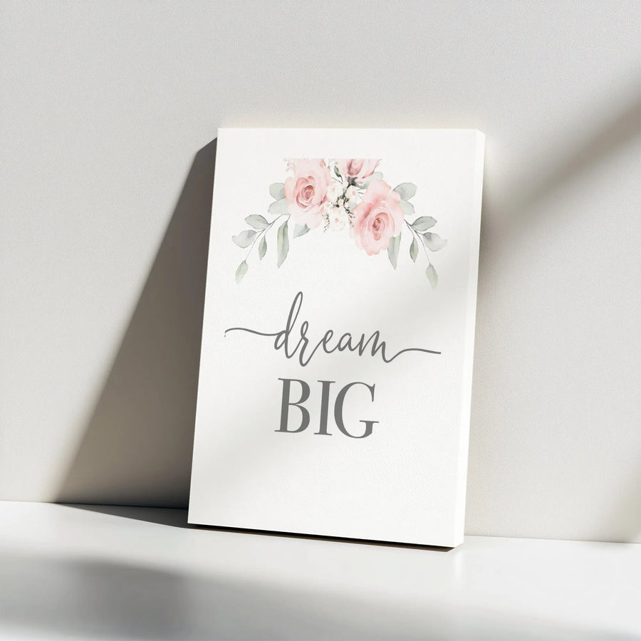 Dream Big Canvas Wall Art | Watercolor Pink Roses Floral Print | Premium 1.25-Inch Gallery Wrap | Nursery & Inspirational Home Decor Gift