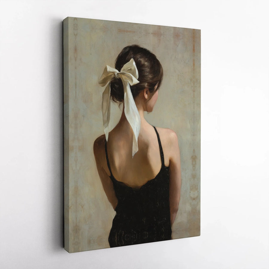 Woman Back Portrait Canvas Art | Elegant White Bow Hair Style | Premium Gallery Wrap Print | Minimalist Aesthetic Home Decor Gift