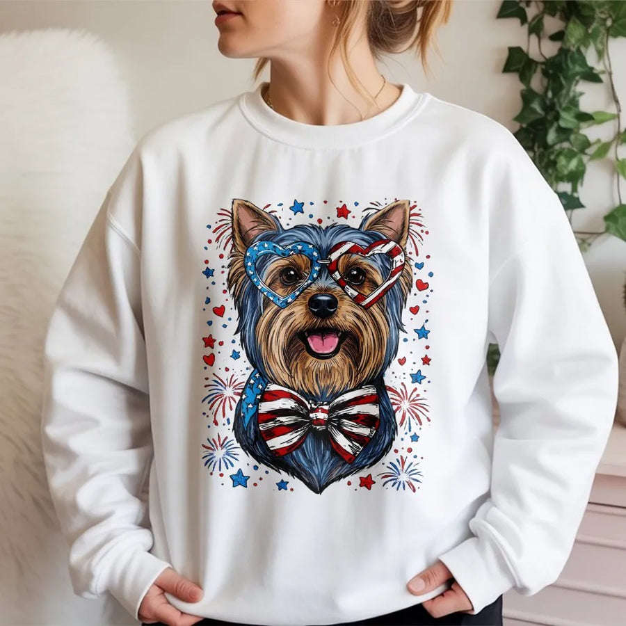 Patriotic Yorkie Sweatshirt | USA Flag Sunglasses & Fireworks | Premium Cotton Blend | 4th of July Dog Lover Gift