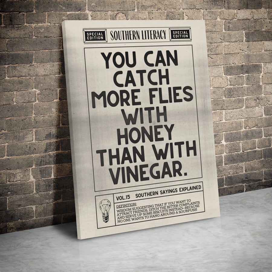 Southern Sayings Wall Art | Catch More Flies With Honey Quote | Premium Gallery Wrapped Canvas | Office Decor & Housewarming Gift
