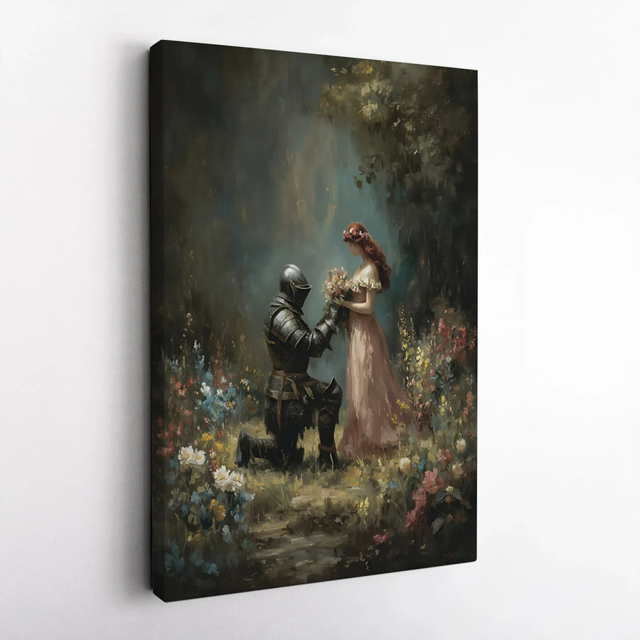Romantic Knight Offering Flowers Canvas | Medieval Fantasy Wall Art | Premium 1.25" Gallery Wrap | Gift for Couples or Bedroom Decor