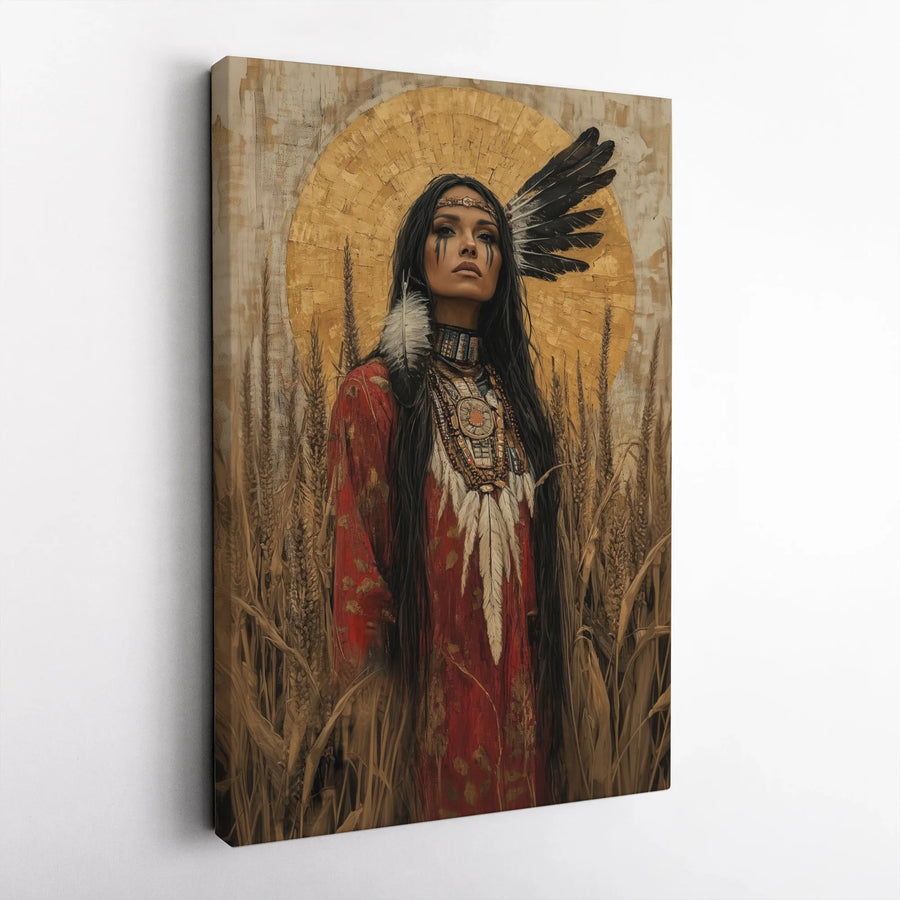 Native American Woman Wall Art | Golden Halo Wheat Field Portrait | Premium Gallery Wrapped Canvas | Spiritual Home Decor Gift