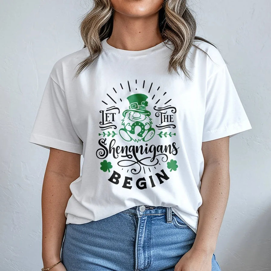 St Patrick's Day Gnome T-Shirt | Let The Shenanigans Begin Irish Graphic Tee | 100% Cotton Premium Comfort | Funny St Patty's Day Party Gift for Her